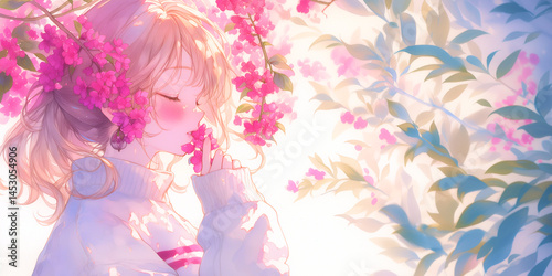 ツツジの花を愛でる女性、水彩画、イラスト。