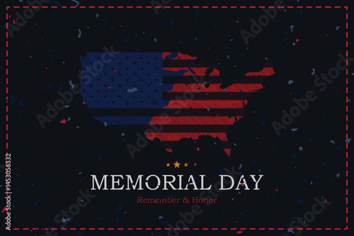 Memorial Day banner with USA map and flag on a background with stars. Remember and Honor military heroes.