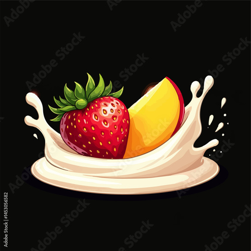 Vector design for food packaging 
with strawberry berries, mango and
cream splashes of milk yogurt isolated 
on black background. Fashionable print for paper, 
fruit juice label, ice cream, candy.