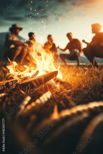 Friends gather around a crackling campfire under a twilight sky.