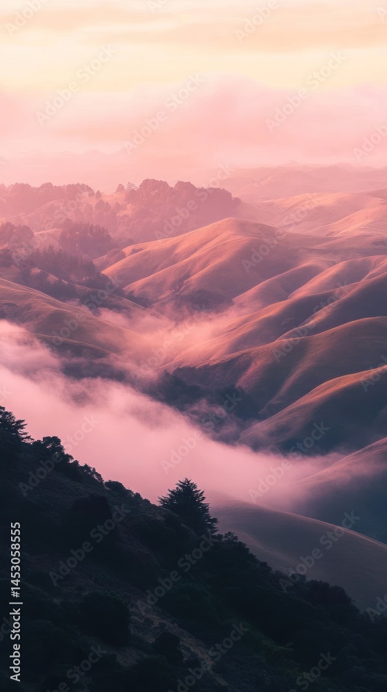 Obraz premium Pink sunset over foggy hills