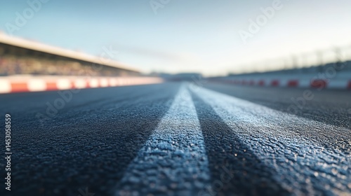 Empty Racetrack at Dusk with Illuminated Stands Ready for Race

 photo