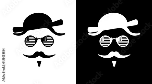 Abstract american gentleman character with hat, hair, moustache, usa flag glasses set. Vintage man face concept vector to use for independence day, memorial day design projects.