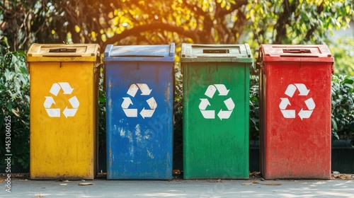 Four trash cans are lined up in a row