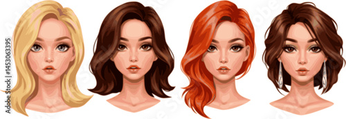 set of Face glamorous girl, flat vector set silhouette