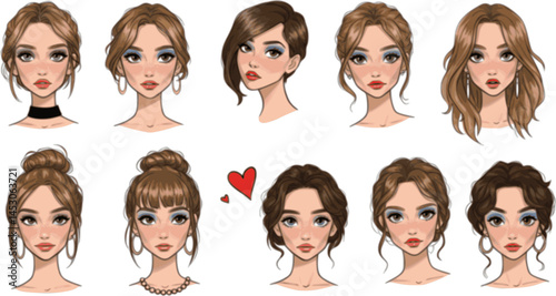 set of Face glamorous girl, flat vector set silhouette