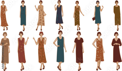 set of Woman in a dress of the 20's. flat vector set