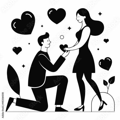 Romantic Couple Illustration Man Proposing with Heart Woman Accepting