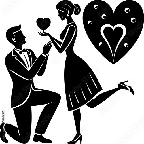 Romantic Couple Silhouette Man Proposing with Heart Symbol