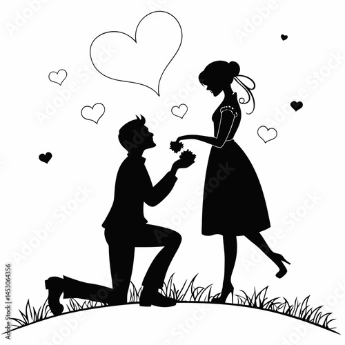 Romantic Silhouette of a Man Proposing to a Woman with Flowers