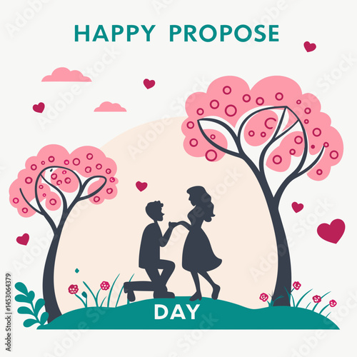 Romantic Couple Silhouette Proposing Under Blooming Pink Trees Happy Propose Day