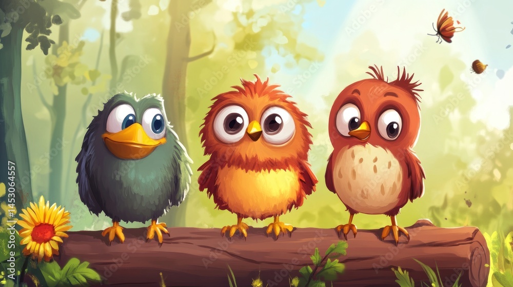 Cute birds on a log in a forest Cute birds on a log in a forest