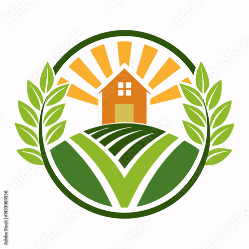 Farmhouse Logo Design with Wheat and Sun Graphic