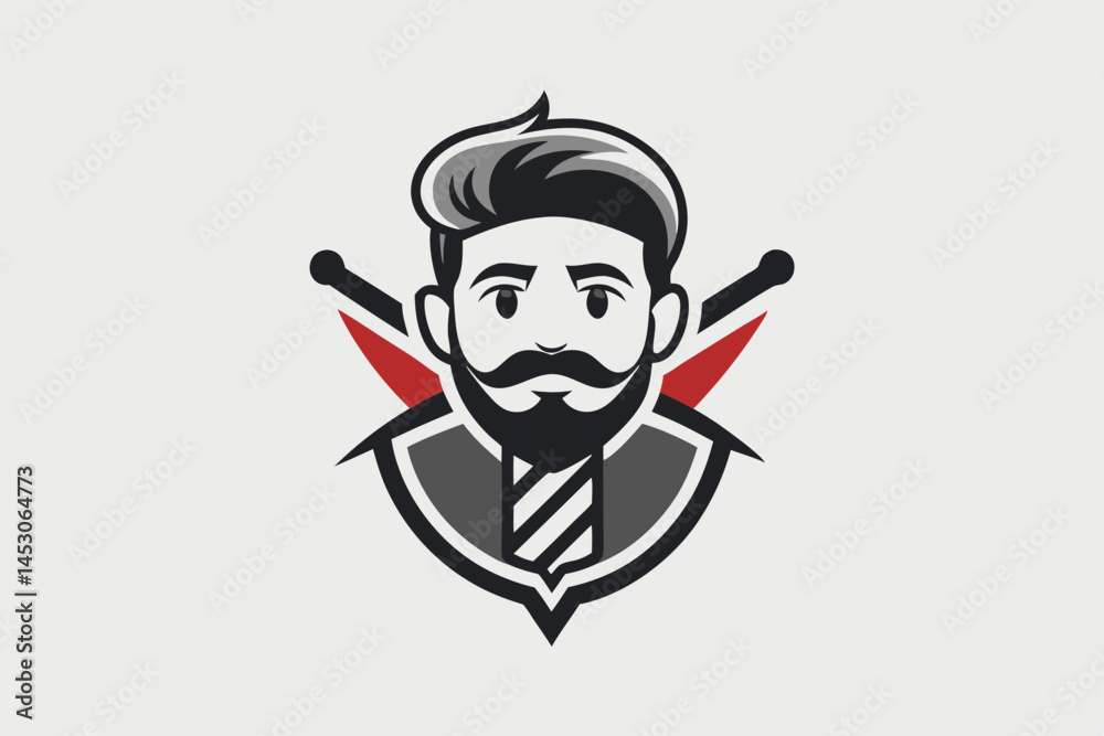 Stylish Barber Shop Logo Design with Bearded Man and Scissors Stylish Barber Shop Logo Design with Bearded Man and Scissors