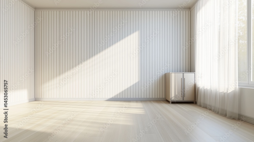 Fototapeta premium Empty Room with Striped Wallpaper and Sunlight
