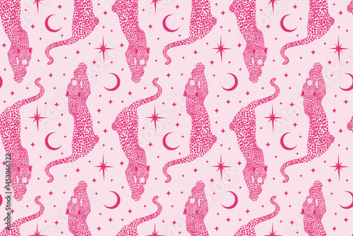 Cute whimsical seamless pattern with pink celestial cute leopard