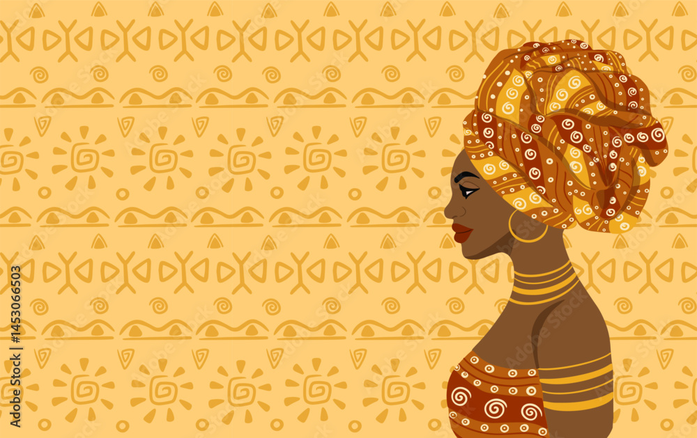 African woman with ethnic tribal pattern background. 