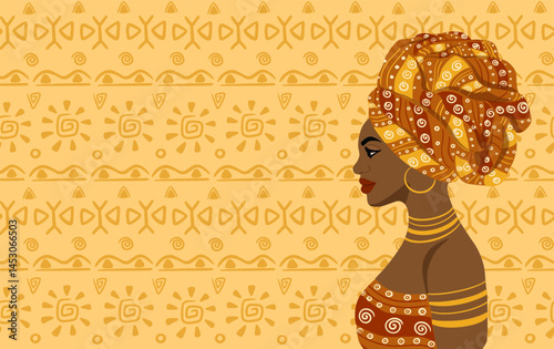 African woman with ethnic tribal pattern background. 