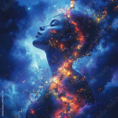 A woman is depicted in profile, her silhouette illuminated by dazzling cosmic patterns. Colors of deep blue, orange, and gold blend seamlessly in a breathtaking celestial display