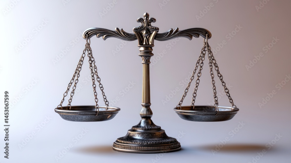Ornate silver scales of justice. Detailed, ornate, antique-style balance