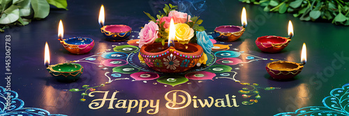 Vibrant Diwali Rangoli Arrangement Illuminated Decorative Diyas Colorful Floral Centerpiece Deep Purple Background Symbolizing Prosperity Festive Joy Perfect Holiday Greeting Cards Celebratory Designs