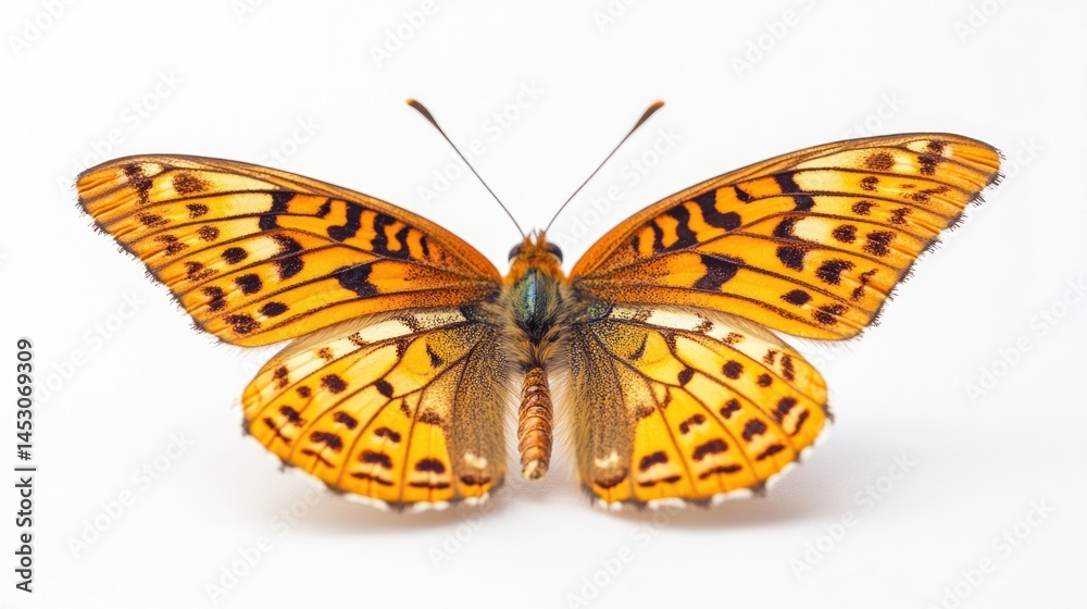 Obraz premium Closeup view of a vibrant orange butterfly with intricate patterned wings resting in a natural outdoor environment The delicate and elegant insect is showcased against a minimalist background