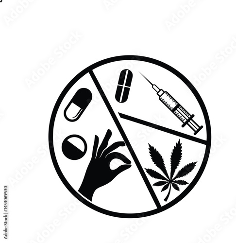 Anti drug circular silhouette logo with human hand vector illustration