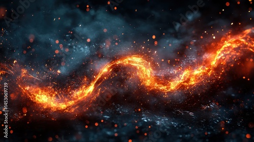 Fiery, swirling flames against a dark, smoky backdrop.  Intense energy,  powerful,  and dramatic visuals.  Particles of ash and embers scattered throughout