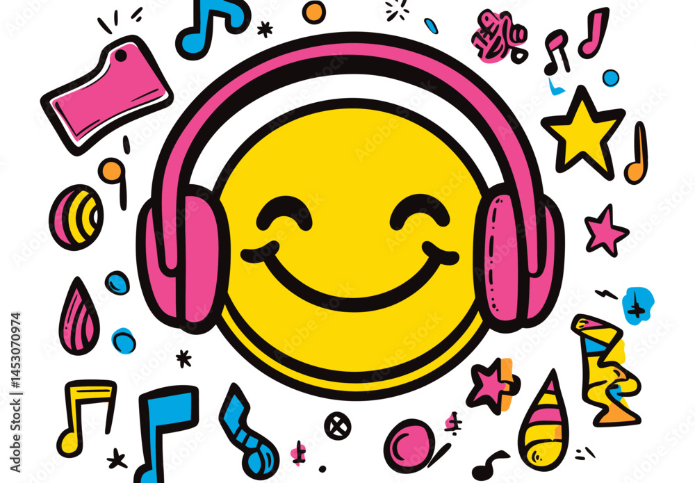 Iconos plano de auriculares con estilo kawaii y risa en colores variados