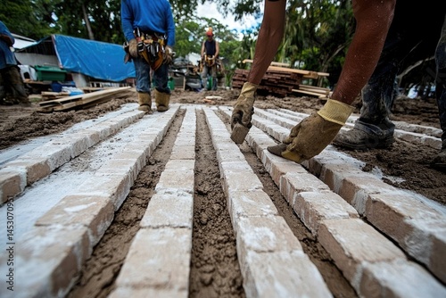 Workers Laying Paver Stones photo