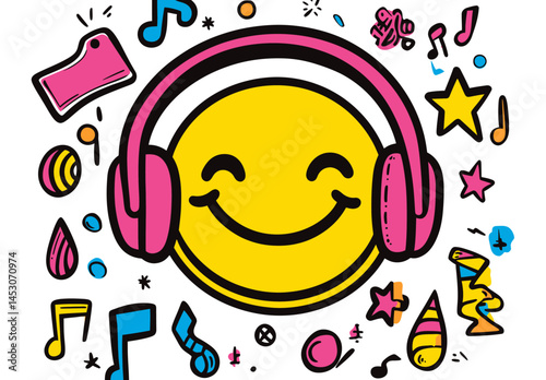 Iconos plano de auriculares con estilo kawaii y risa en colores variados