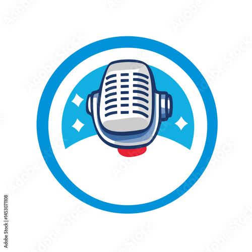 In a flat style, the microphone icon is fashionably designed and isolated against the background, functioning as a logo or user interface element for podcast radio applications, usually situated on a