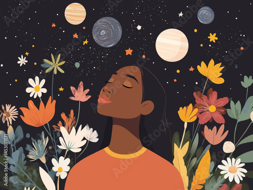 A meteor is depicted in the background of a flat design illustration that combines planetary orbits with floral patterns and integrates human and leaf elements