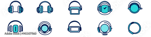 In black and blue colors, a modern icon set showcases a pair of headphones