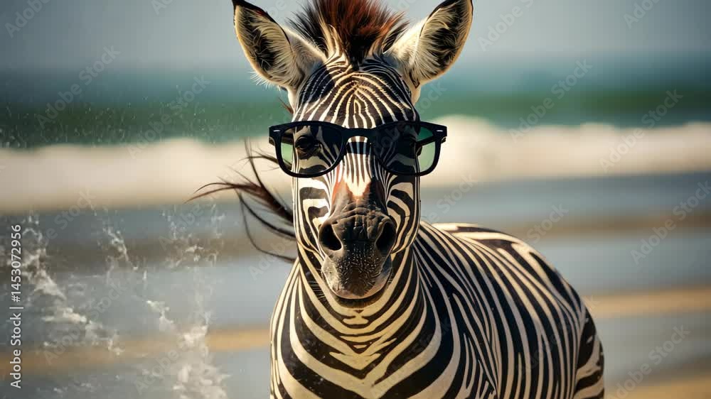 Zebra in Sunglasses: A zebra with a cool attitude, wearing trendy sunglasses, stands on the sandy shore. The zebra's striped pattern and the ocean waves in the background create a striking contrast.