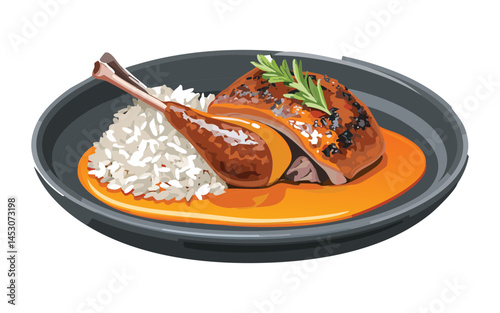 Roasted Duck with Sauce and Rice - vector illustration