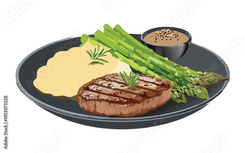 beef steak with mushroom sauce and mashed potato asparagus - vector illustration