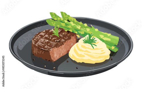 beef steak with mashed potato and asparagus - vector illustration