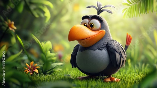 Cute cartoon bird in jungle