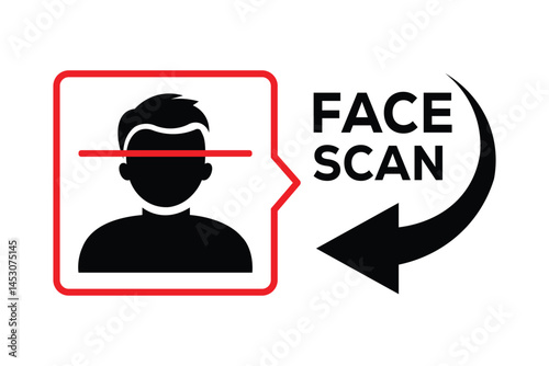 Minimalist face scan graphic with silhouette, red error line, and bold "FACE SCAN" text. Black arrow, red border, and stark black/white/red palette highlight tech security concepts. Clean, centered