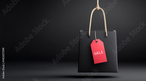 Black friday shopping bag with sale tag on black background for retail promotion