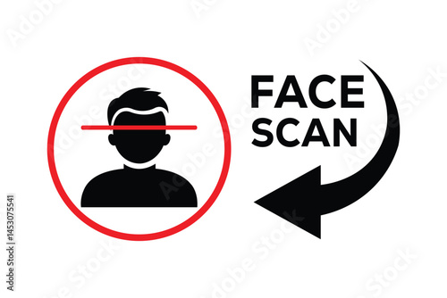 Minimalist face scan graphic with silhouette, red error line, and bold "FACE SCAN" text. Black arrow, red border, and stark black/white/red palette highlight tech security concepts. Clean, centered