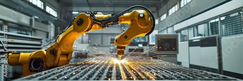 Robot welding metal on industrial factory floor. Automated machinery performing precise operations.