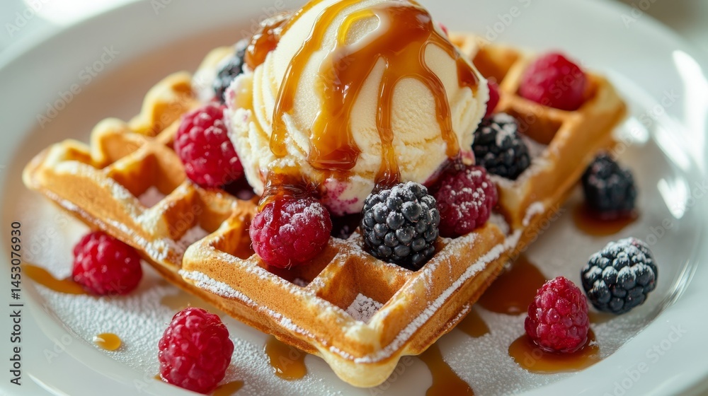 Dessert dish with fluffy waffle, sweet berries, luscious ice cream, drizzled syrup, presented on a white plate. Dessert dish with fluffy waffle, sweet berries, luscious ice cream, drizzled syrup, presented on a white plate.