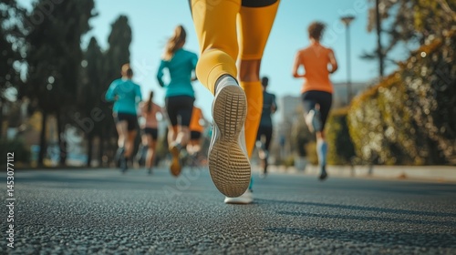 Runners in action during a competitive race on paved roadway. Athletic apparel and sport shoes are visible. Competitive spirit, health-conscious lifestyle, and dedication to sport portrayed.