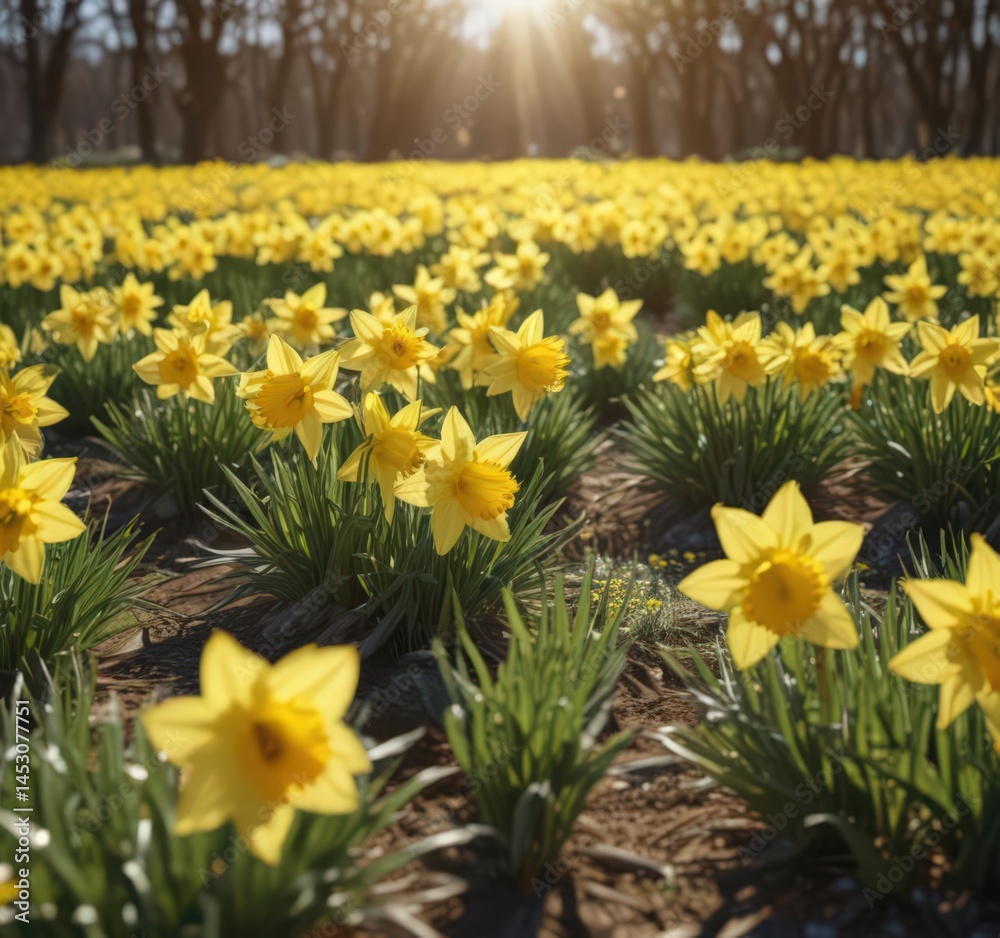 Fototapeta premium Sunlit field of cheerful daffodils swaying gently, fresh, blossom