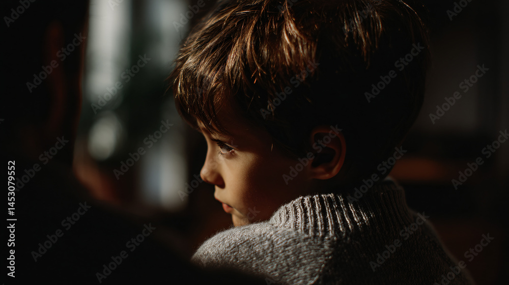 A sad boy in a grey sweater listening to an adult military personnel during a parent fry conversation indoors