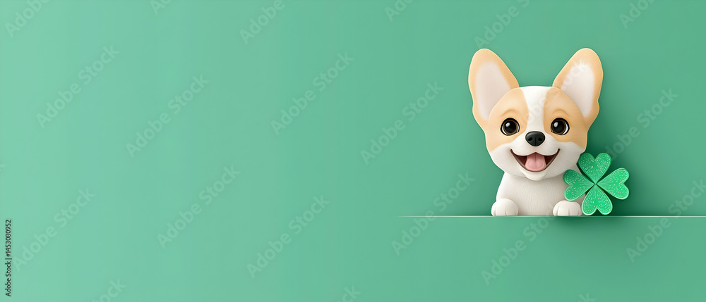 Obraz premium Cute Pixel Art Dog With Clover On Emerald Green Background