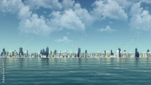 Abstract coastal cityscape with modern high rise buildings skyscrapers and calm mirror water surface of bay or lake against bright blue cloudy sky. No people concept 3D animation rendered in 4K