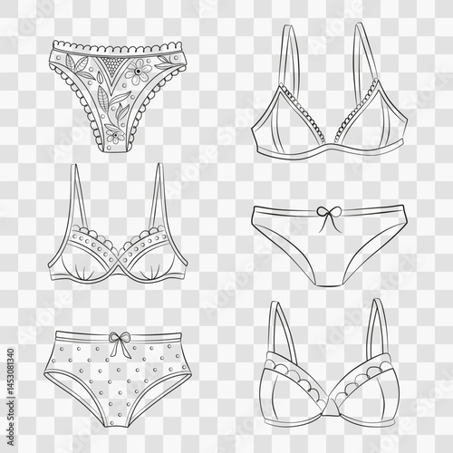 Female underwear set simple outline drawing. Bra and panties in line minimalist style. Lingerie vector flat sign. Illustration with sets of women's underwear.